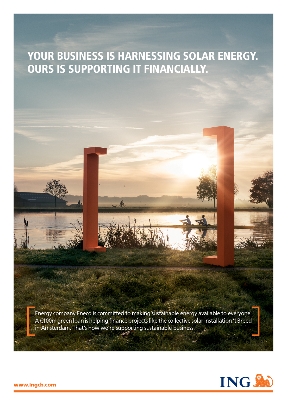 Poster: Giant orange bracket sculptures framing a sunrise river scene