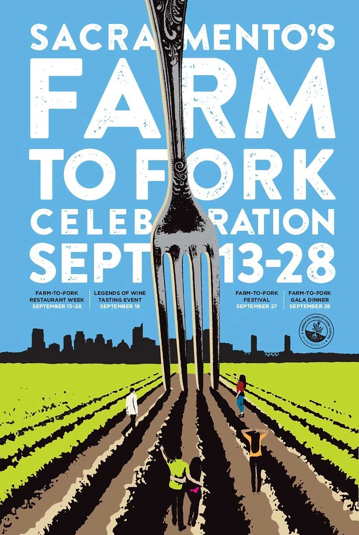 Restaurant & Cafe creative ad: Giant ornate fork planted in crop rows before a city skyline