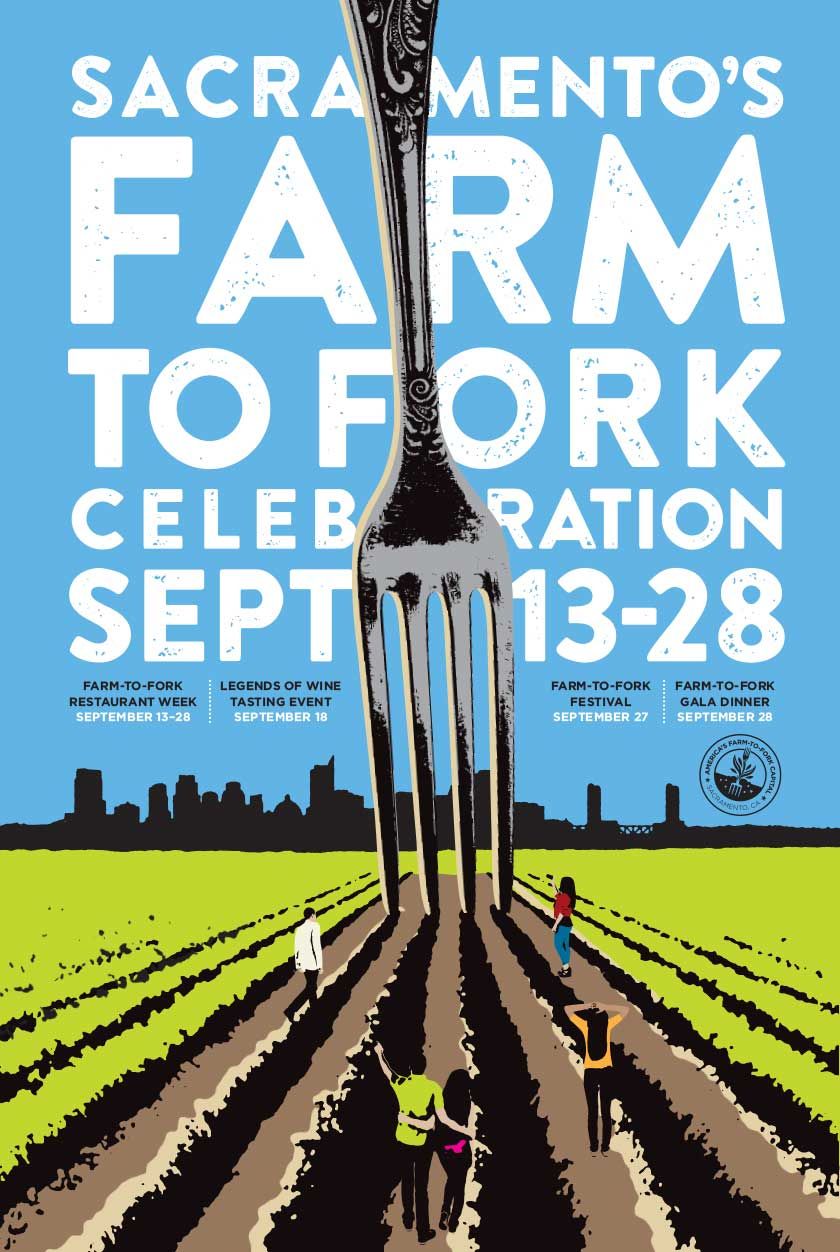 Poster: Giant ornate fork planted in crop rows before a city skyline