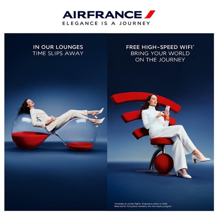 Hotel & Hospitality creative ad: Woman in white lounging on a giant hourglass and sitting in a chair shaped like a wifi symbol