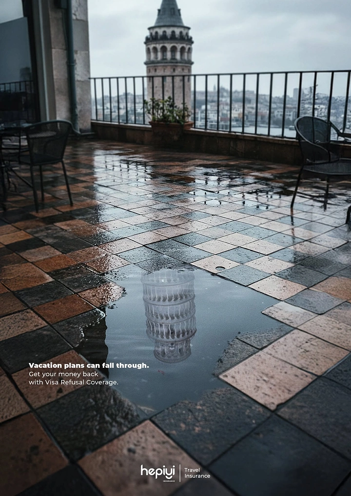 Insurance creative ad: Rain puddle on a rooftop terrace reflecting a historic tower
