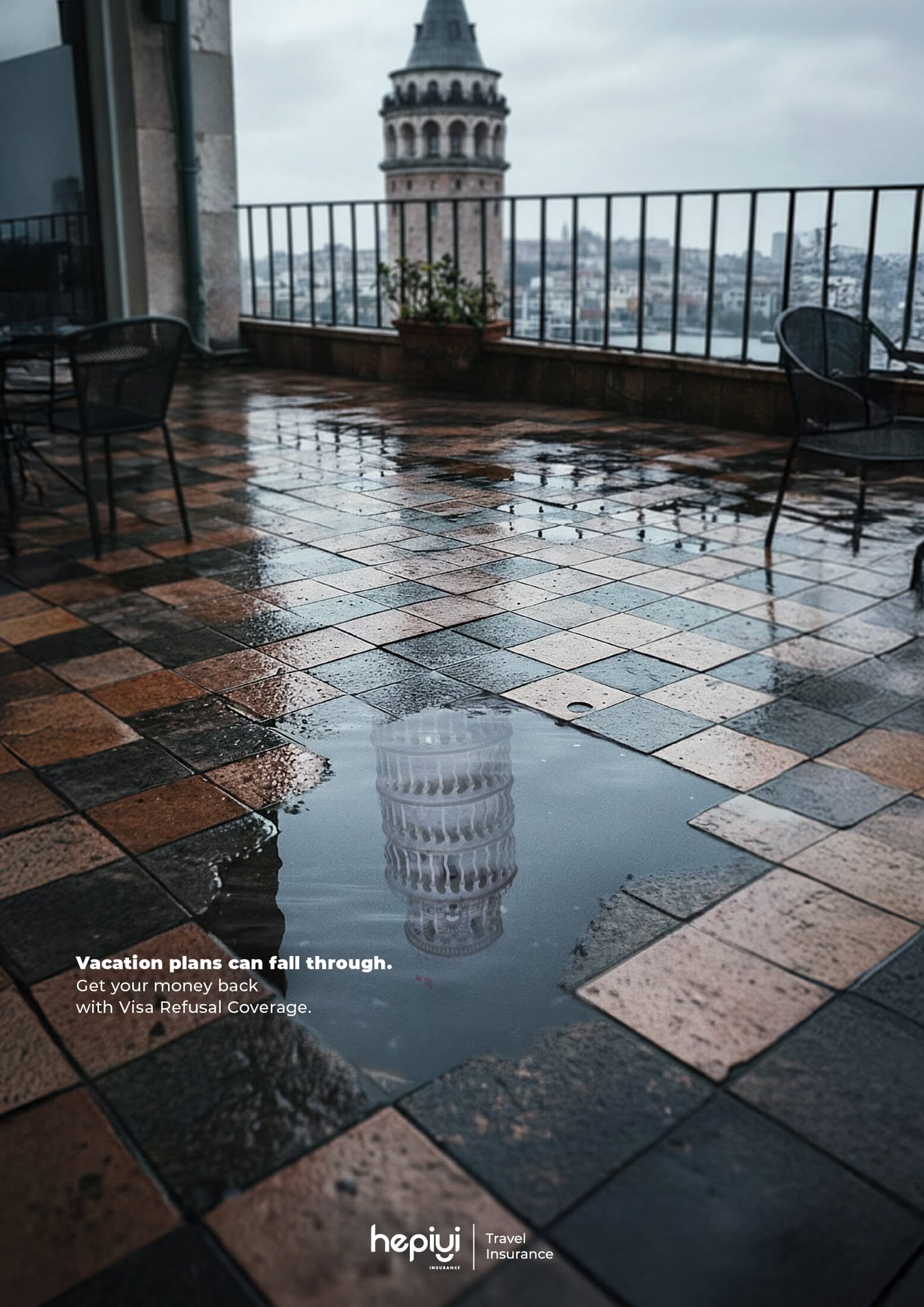 Poster: Rain puddle on a rooftop terrace reflecting a historic tower