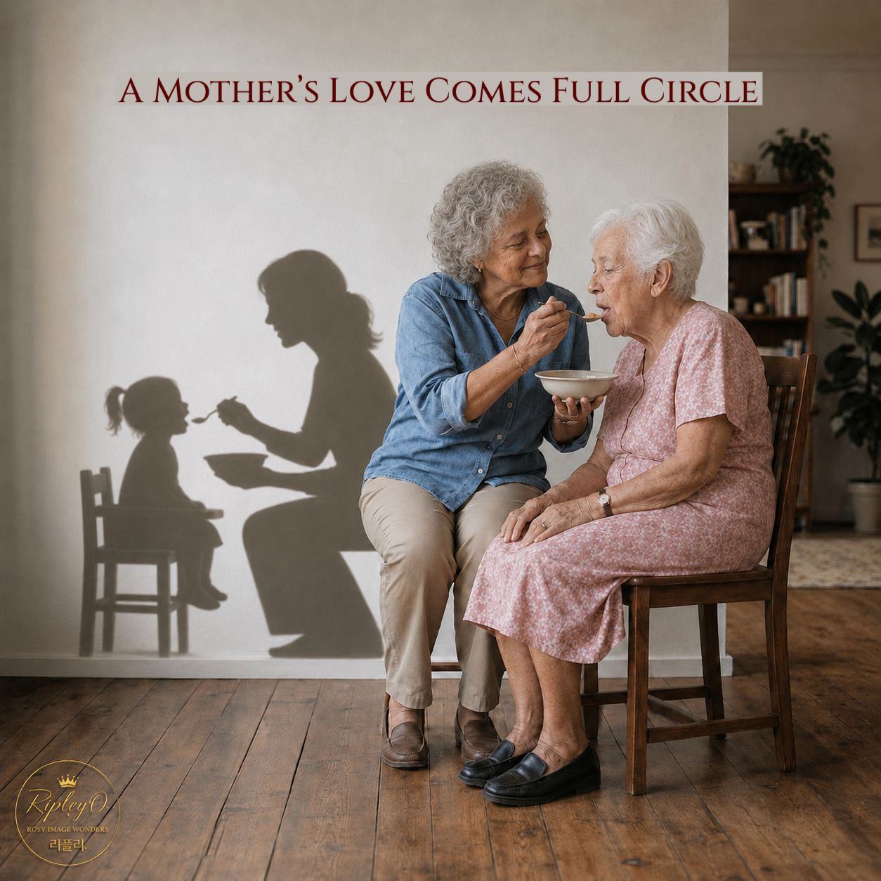 Adult daughter spoon-feeding elderly mother, with a shadow of mother feeding child