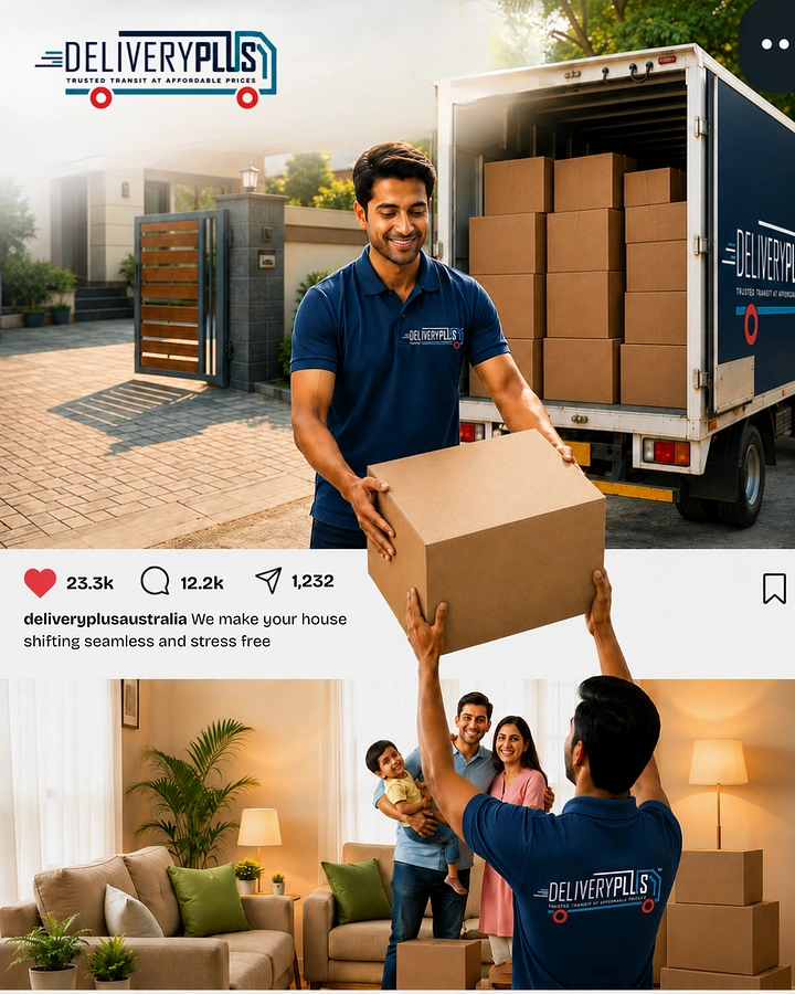 Movers & Packers creative ad: Box passed from truck through Instagram post