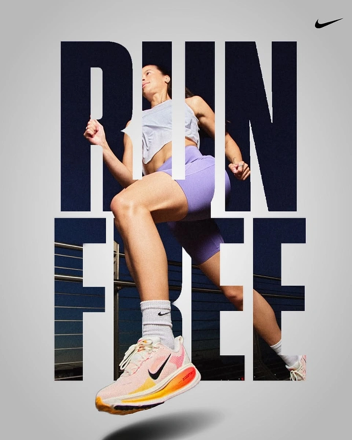 Activewear & Gym Wear creative ad: Female runner mid-stride breaking out of giant letters