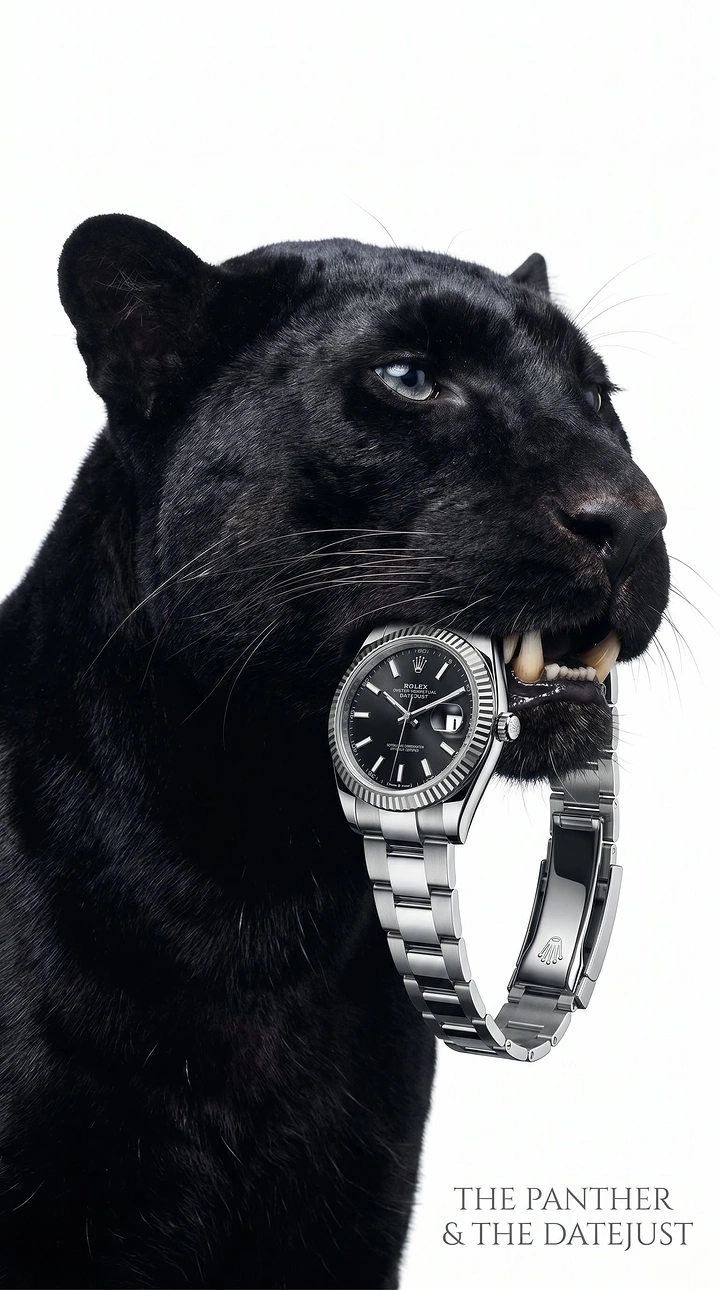 Watches & Accessories creative ad: Black panther holding a steel watch in its jaws