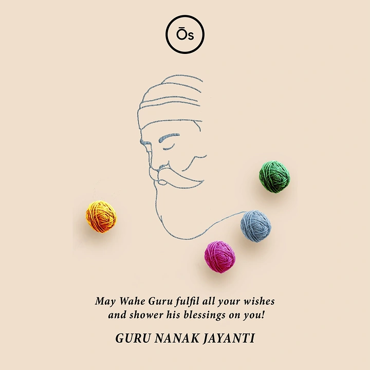 Guru Nanak Jayanti creative ad: Guru Nanak profile drawn with a single blue thread from a yarn ball
