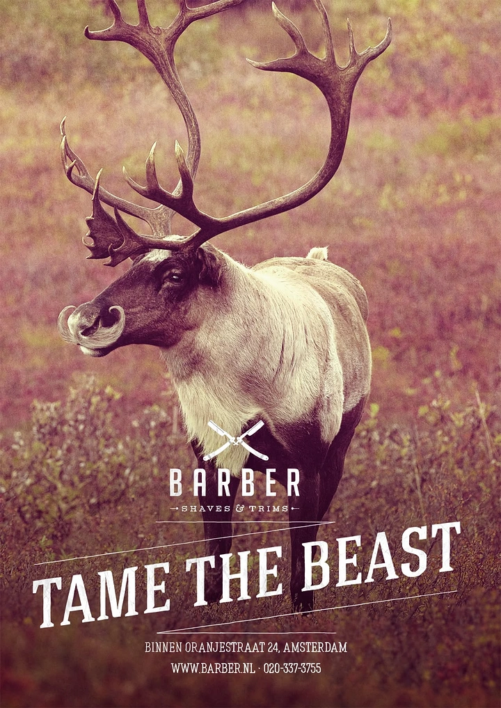 Barber Shops creative ad: Caribou with a curled handlebar moustache