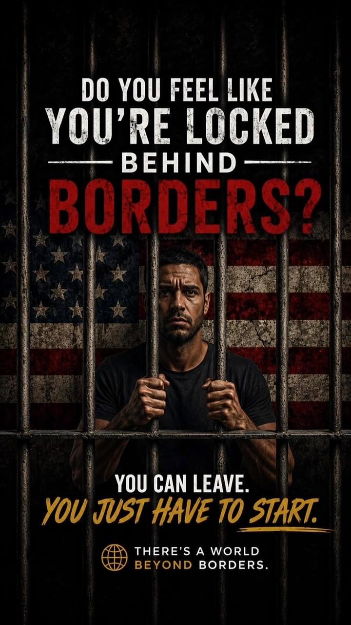 Visa & Immigration creative ad: Man gripping prison bars in front of a distressed American flag