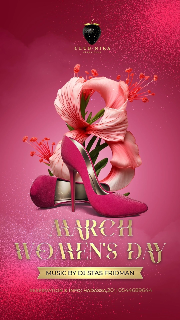 Women's Day creative ad: Pink stilettos in front of lily petals shaped into the number 8