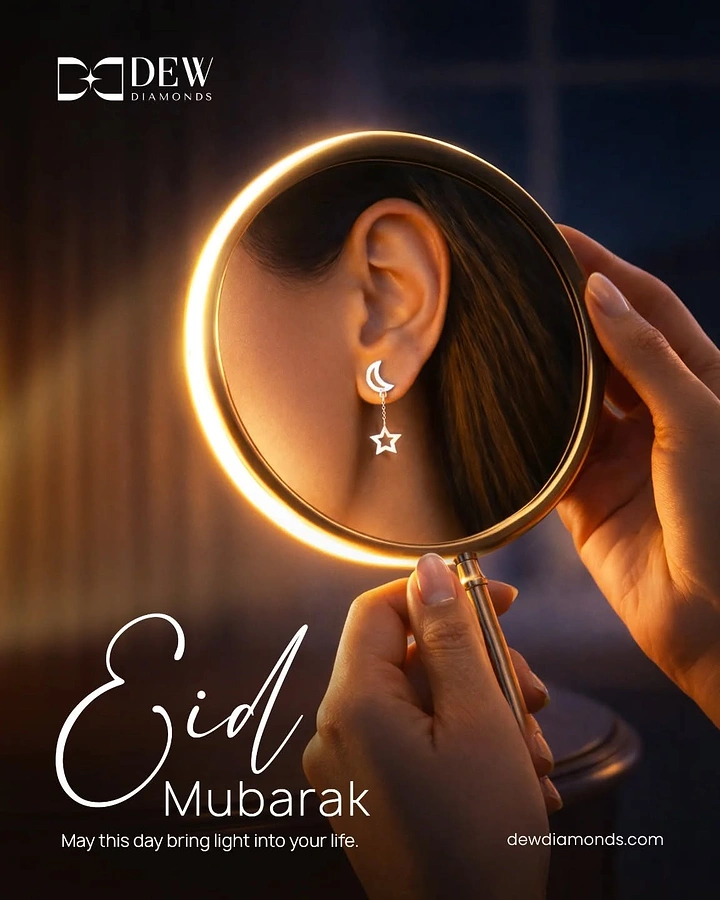Eid creative ad: Hands holding a round mirror reflecting an ear with a crescent-and-star earring