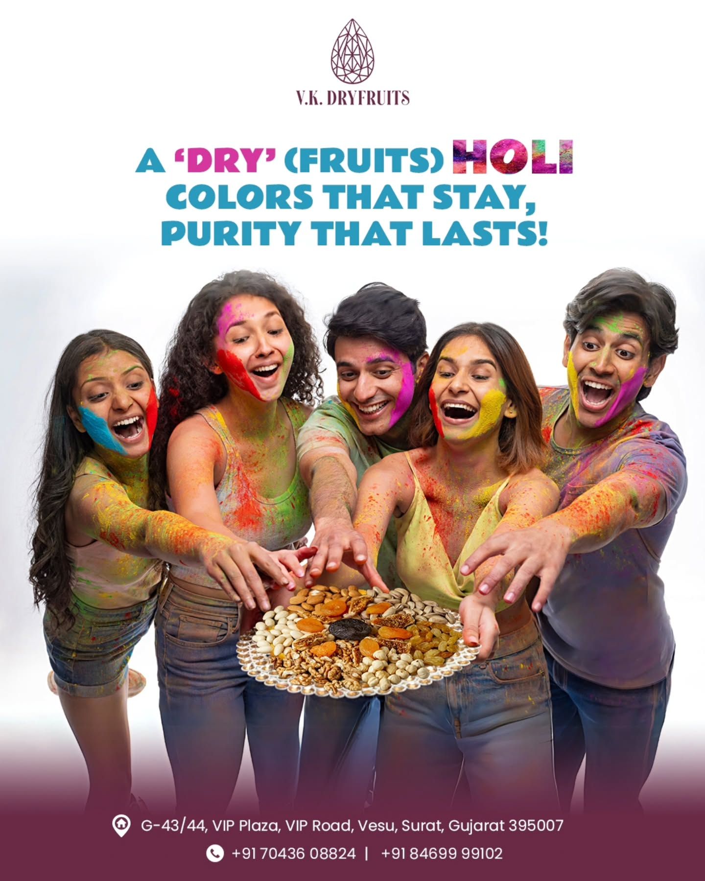 Holi Instagram post: Five laughing friends covered in Holi colours reaching for a dry fruit platter