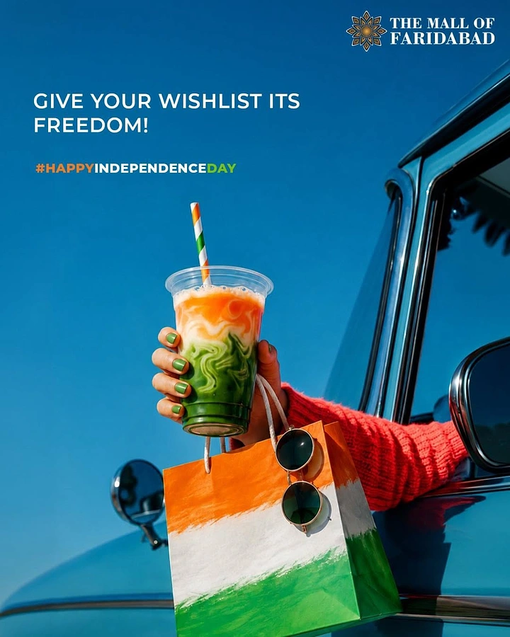 Independence Day creative ad: Hand out of a vintage car window holding a tricolour drink and shopping bag