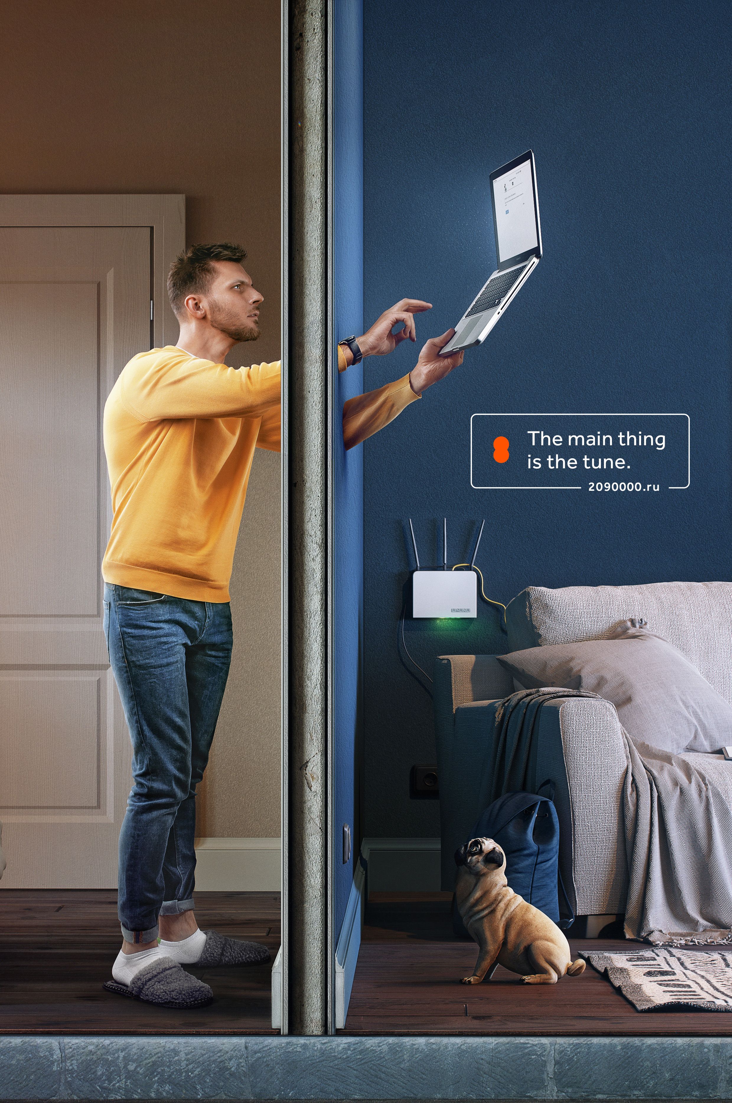 Poster: Man reaching through a wall to hold a laptop near the neighbouring room's router