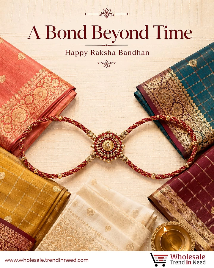 Raksha Bandhan creative ad: Ornate red-gold rakhi shaped as infinity loop among folded silk sarees