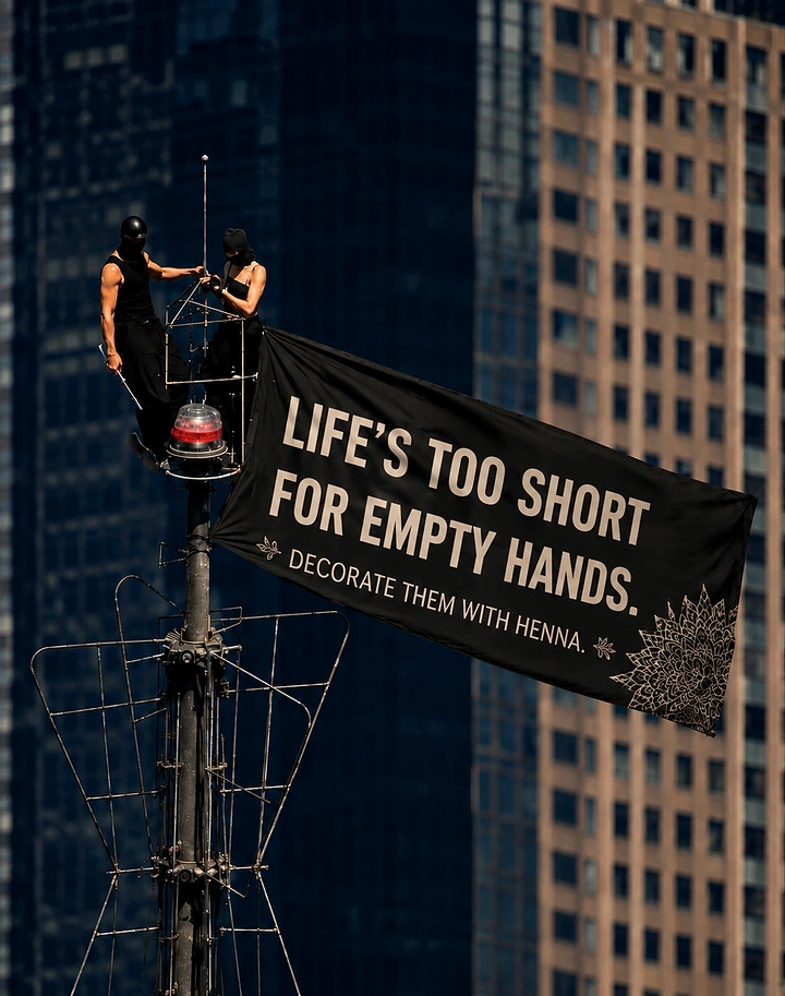 Mehndi & Henna Artists creative ad: Two masked figures hanging a black henna banner from a skyscraper antenna