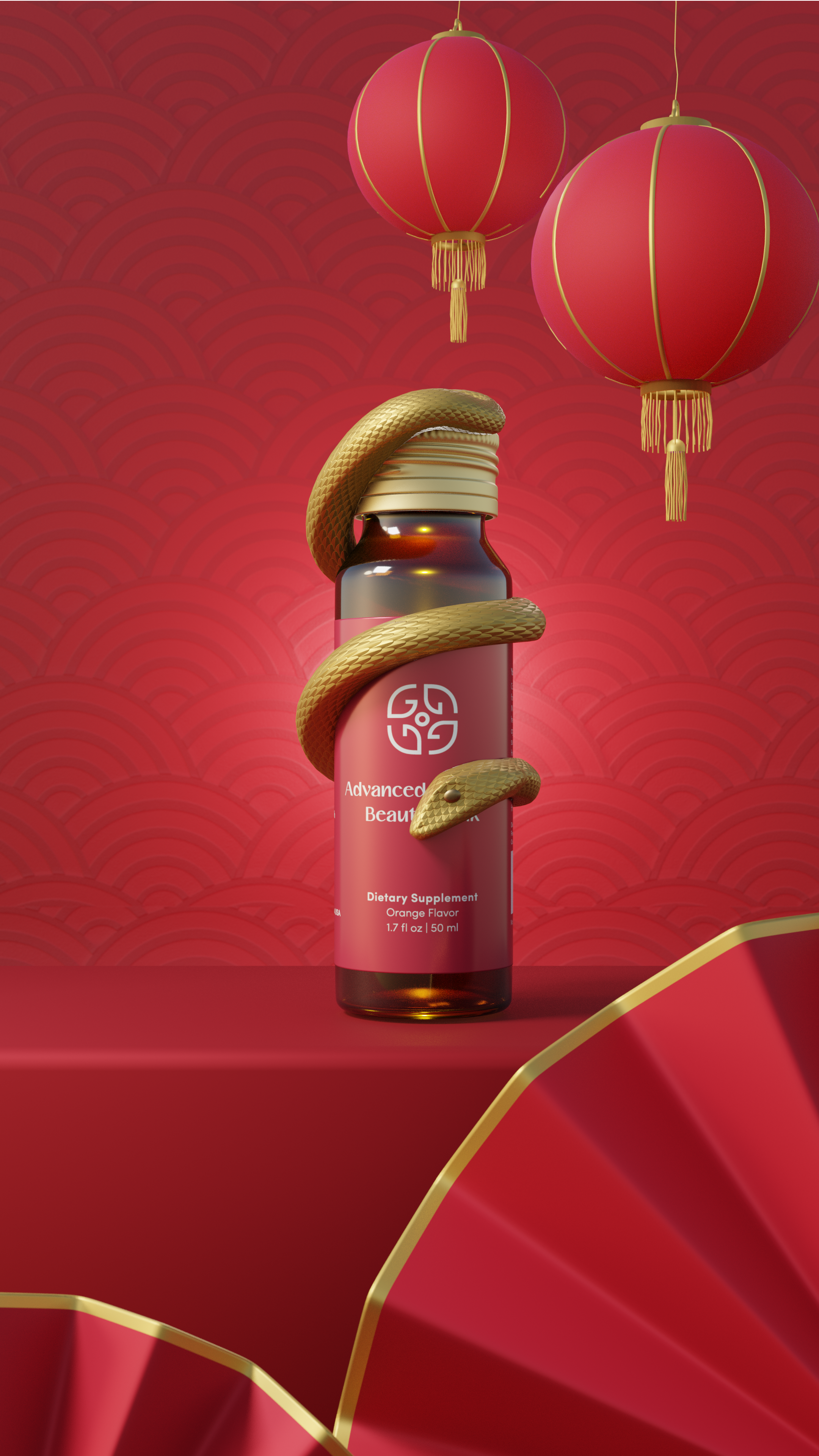Supplement bottle wrapped by a gold snake