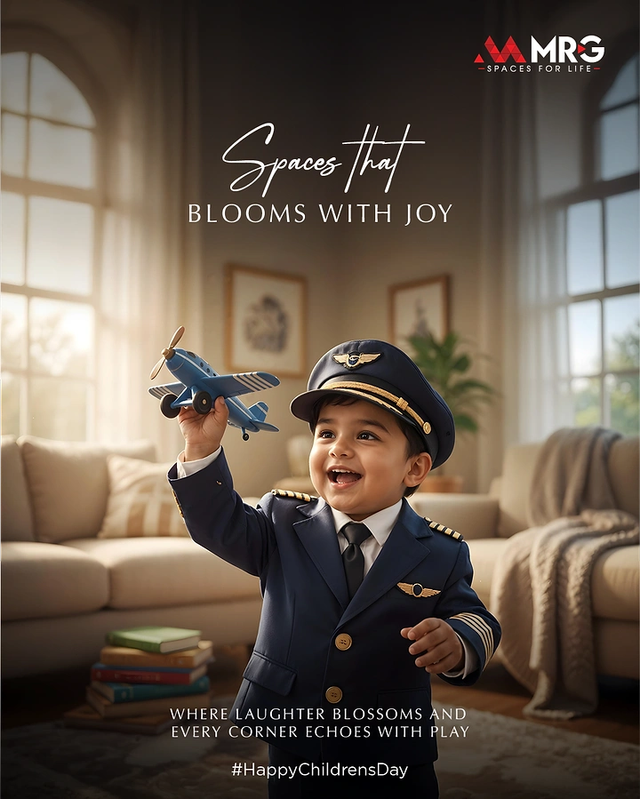 Children's Day creative ad: Toddler in pilot uniform flying a toy plane at home