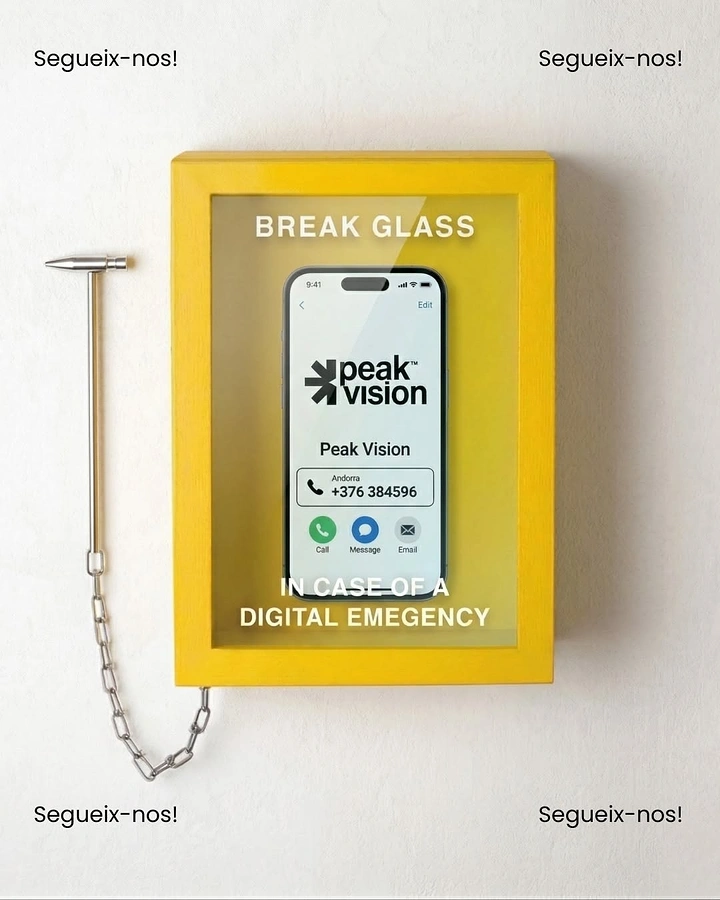 IT Services & Web Development creative ad: Phone showing a contact card inside a yellow break-glass emergency box
