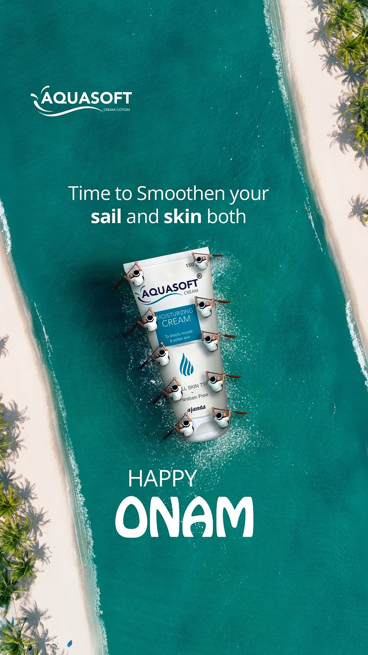 Onam creative ad: Moisturiser tube used as a snake boat with rowers on a turquoise river