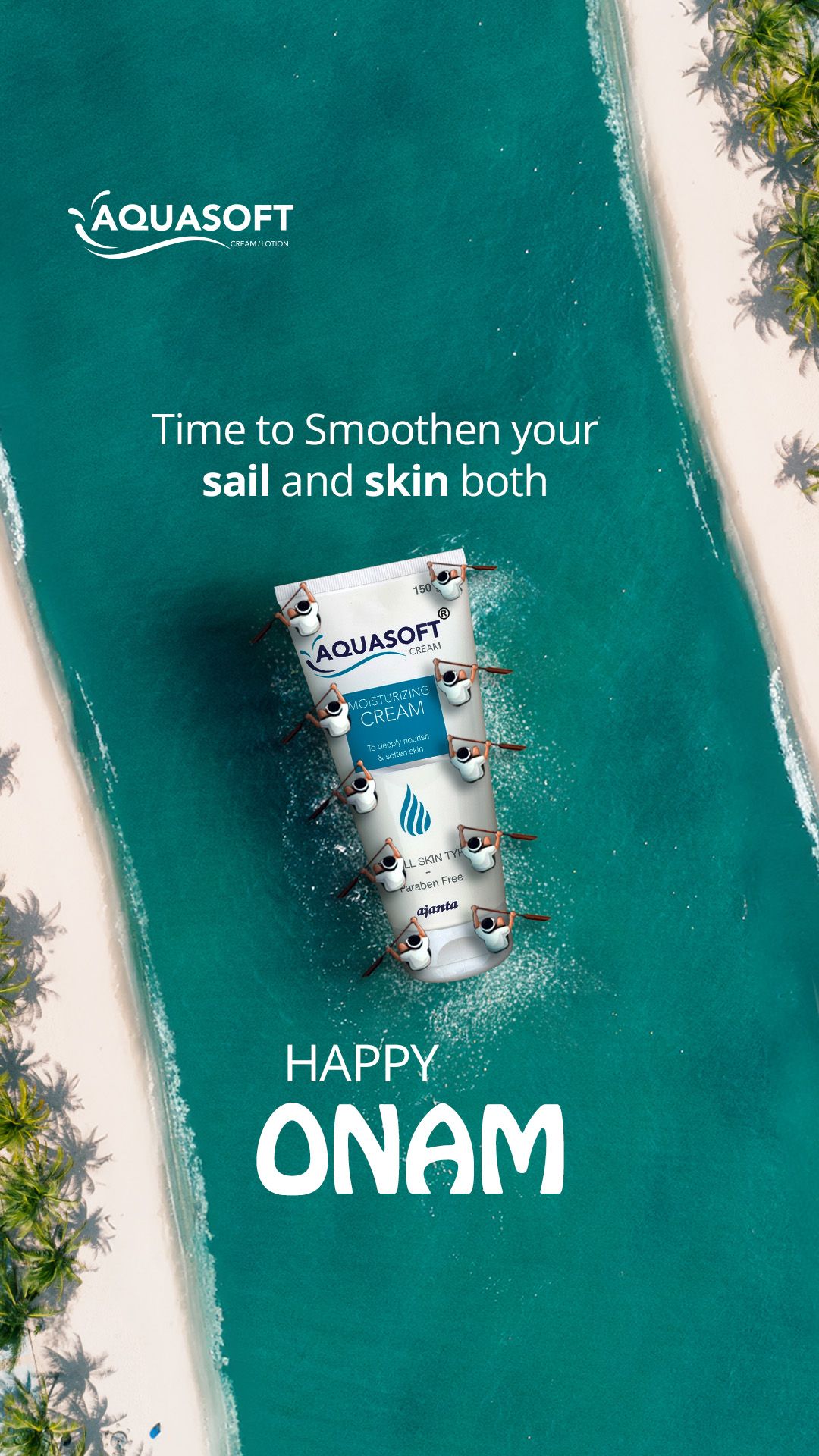 Moisturiser tube used as a snake boat with rowers on a turquoise river