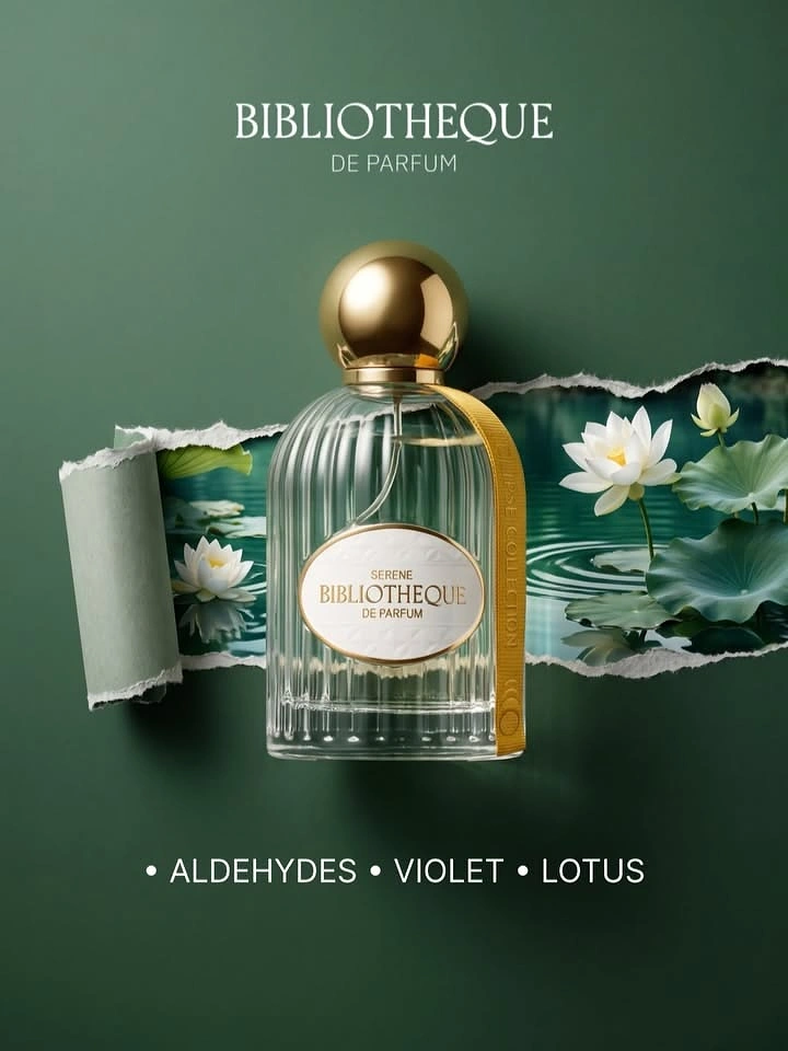 Creative ad: Fluted glass perfume bottle before torn-paper lotus pond reveal