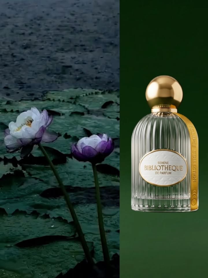 Carousel: Fluted glass perfume bottle before torn-paper lotus pond reveal, slide 3