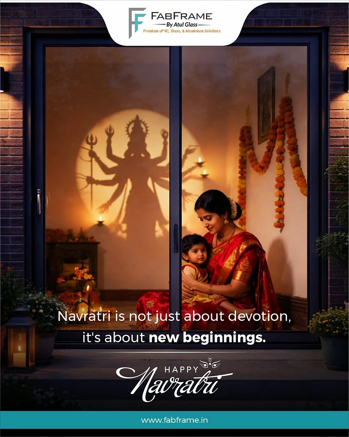 Navratri creative ad: Mother and child celebrating Navratri beside a glass doorway