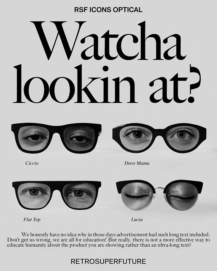 Creative ad: Four black eyeglass frames with photographed eyes inside the lenses