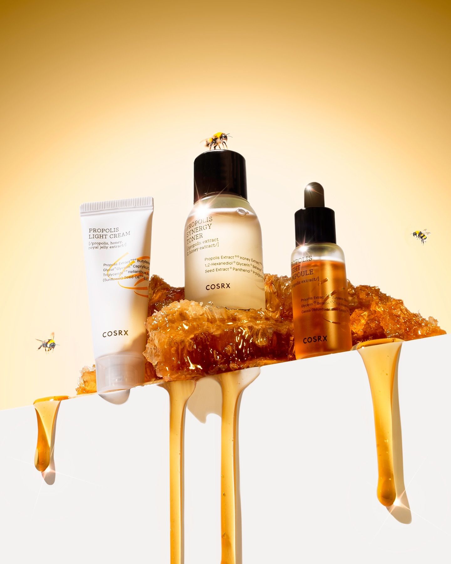 Instagram post: Trio of propolis skincare products on honeycomb with honey dripping over a ledge
