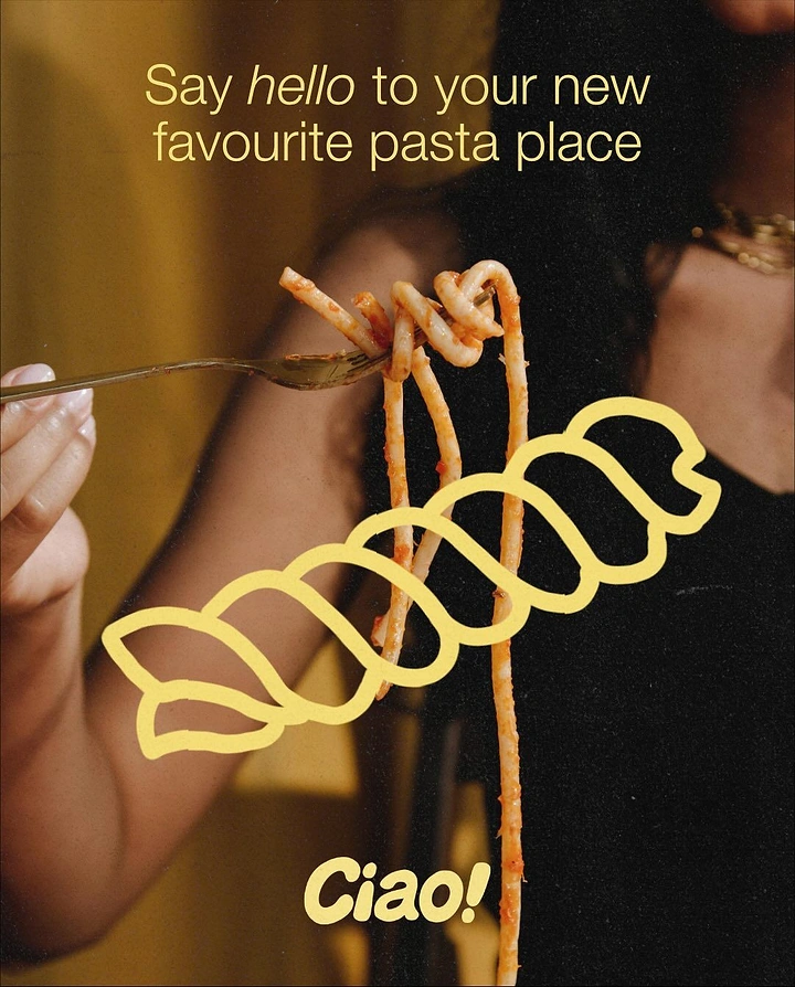 Italian Restaurants creative ad: Playful illustrated pasta integration