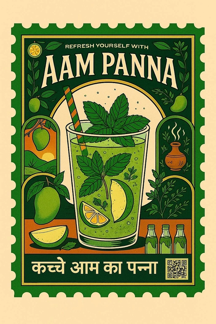 Indian Restaurants creative ad: Vintage postage-stamp aam panna illustration