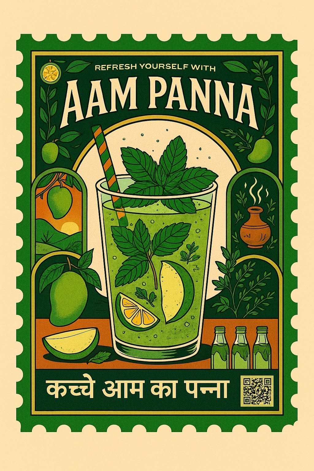 Story: Vintage postage-stamp aam panna illustration