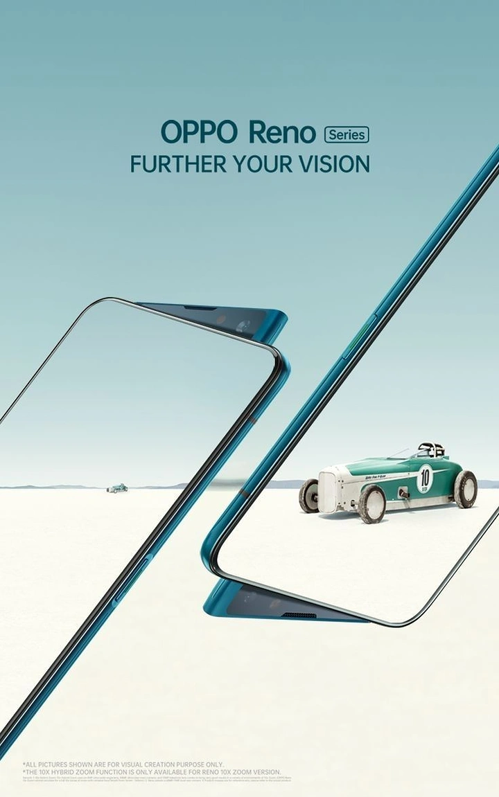 Electronics creative ad: Two tilted phones framing a vintage race car on a salt flat