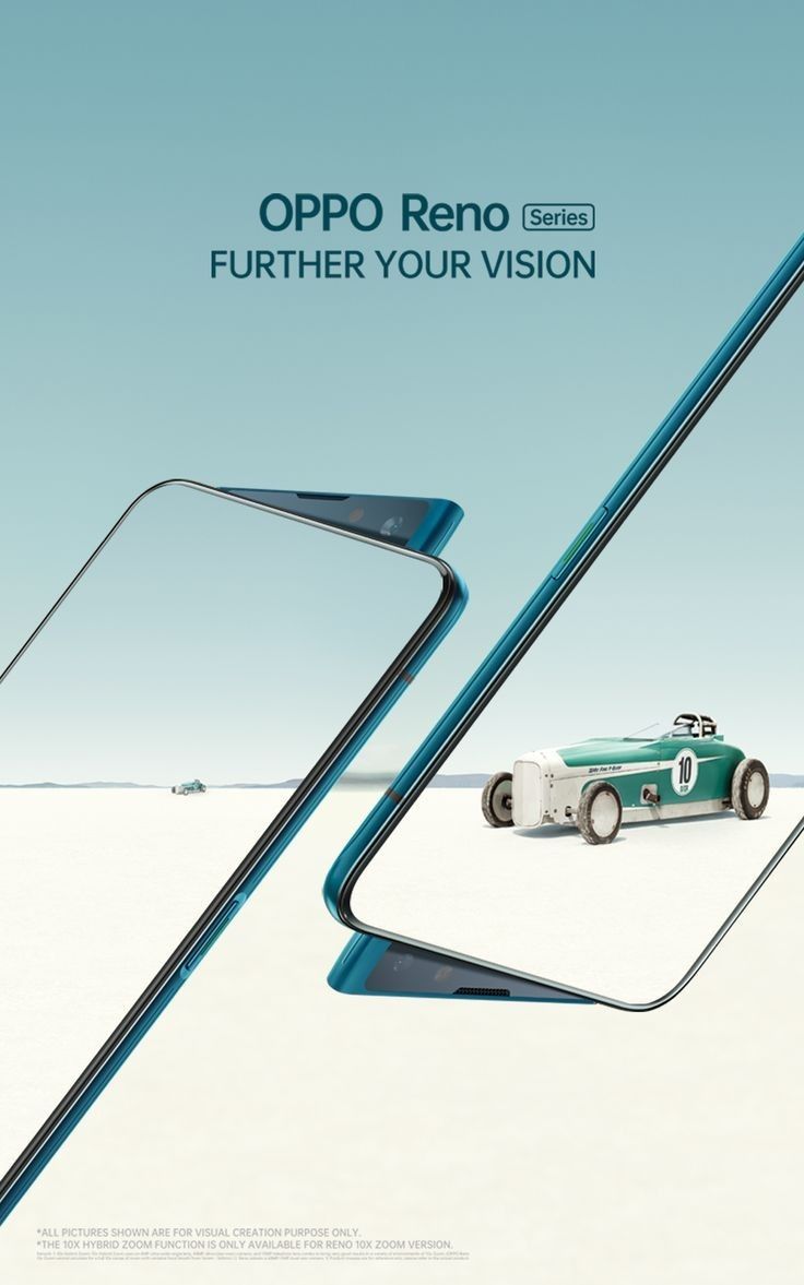 Two tilted phones framing a vintage race car on a salt flat