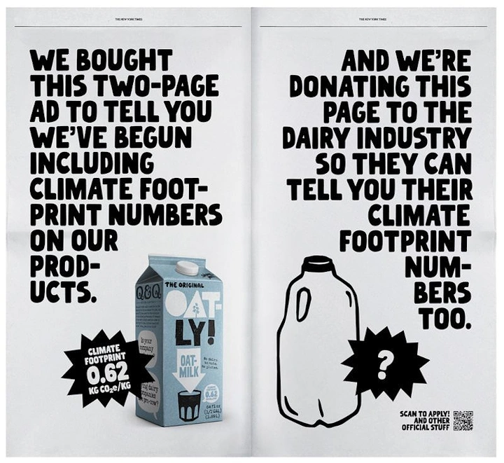 Dairy Brands creative ad: Newspaper spread contrasting oat milk carton with an outlined dairy jug