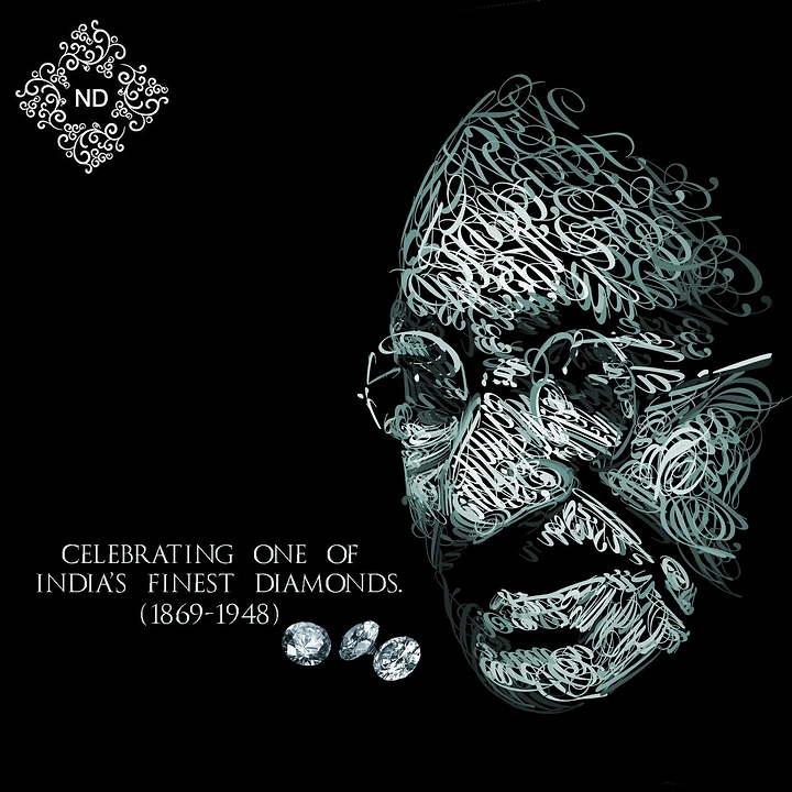 Gandhi Jayanti creative ad: Portrait of a historic leader built from calligraphic swirls, with loose diamonds