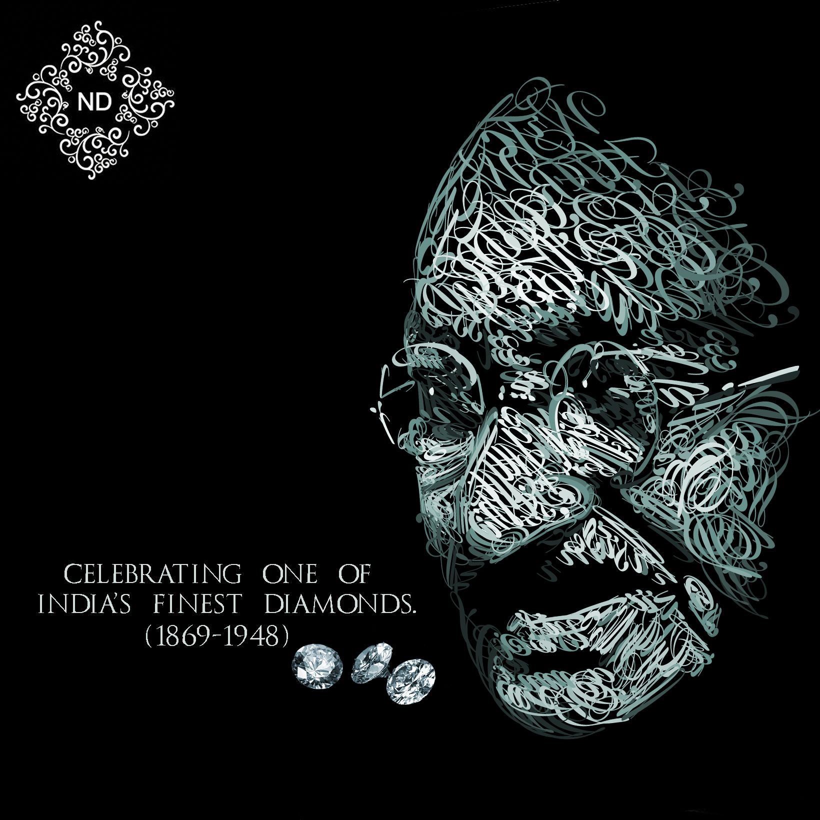 Portrait of a historic leader built from calligraphic swirls, with loose diamonds