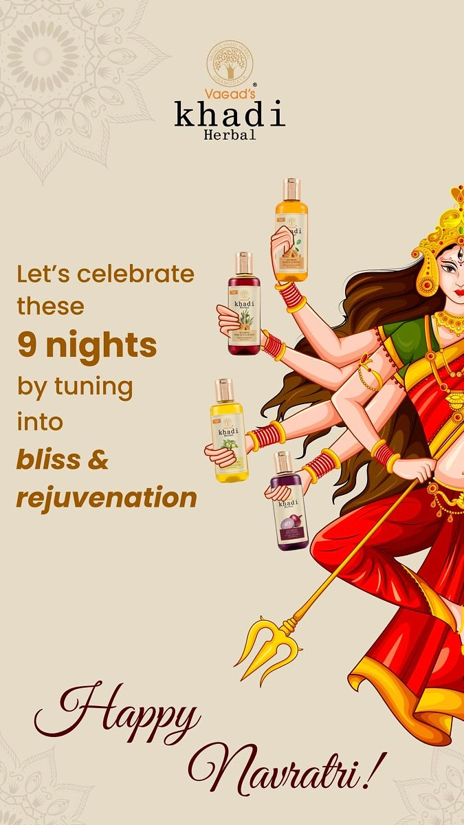 Navratri creative ad: Durga illustration holding herbal product bottles in her hands