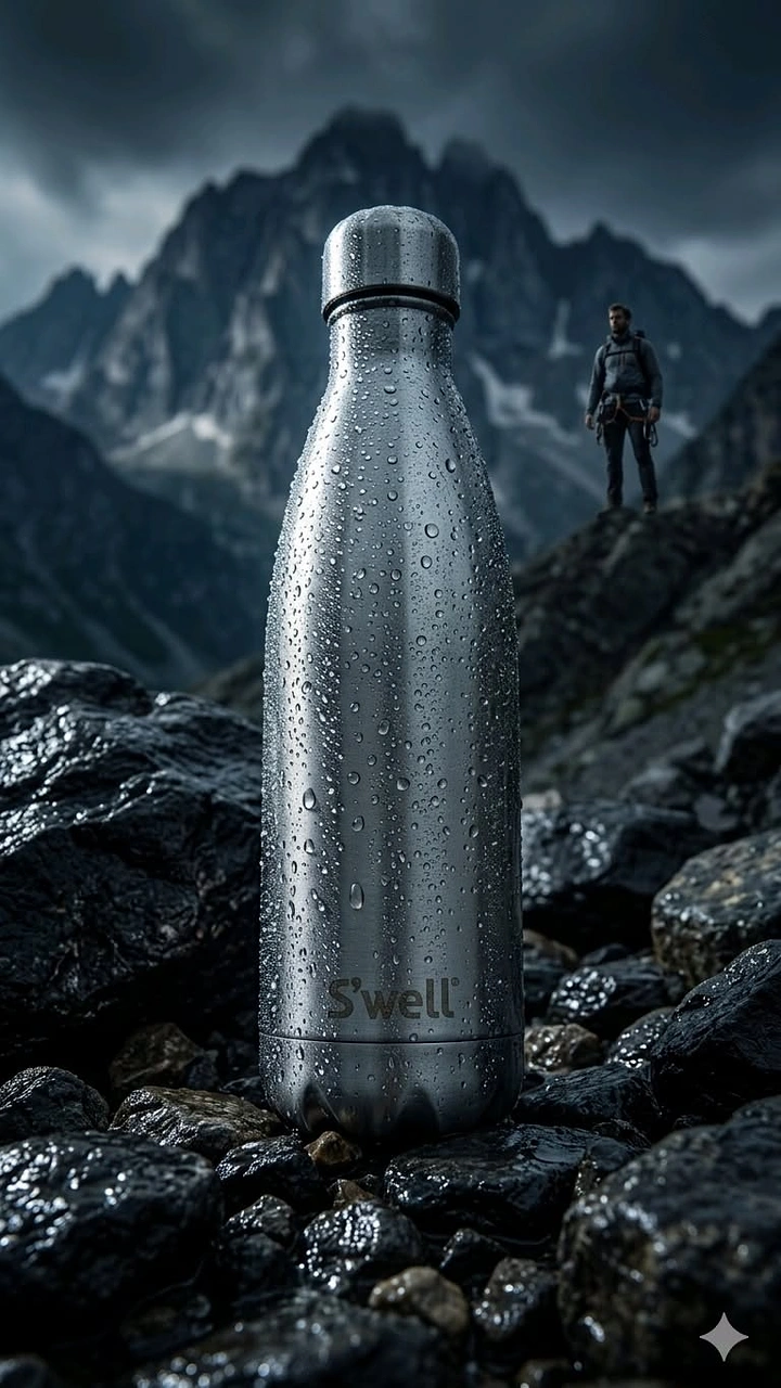 Tumblers, Flasks & Drinkware creative ad: Cinematic bottle-and-mountain composition