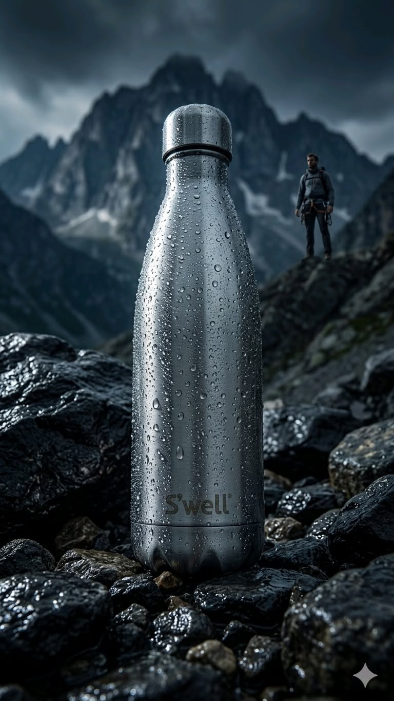 Story: Cinematic bottle-and-mountain composition