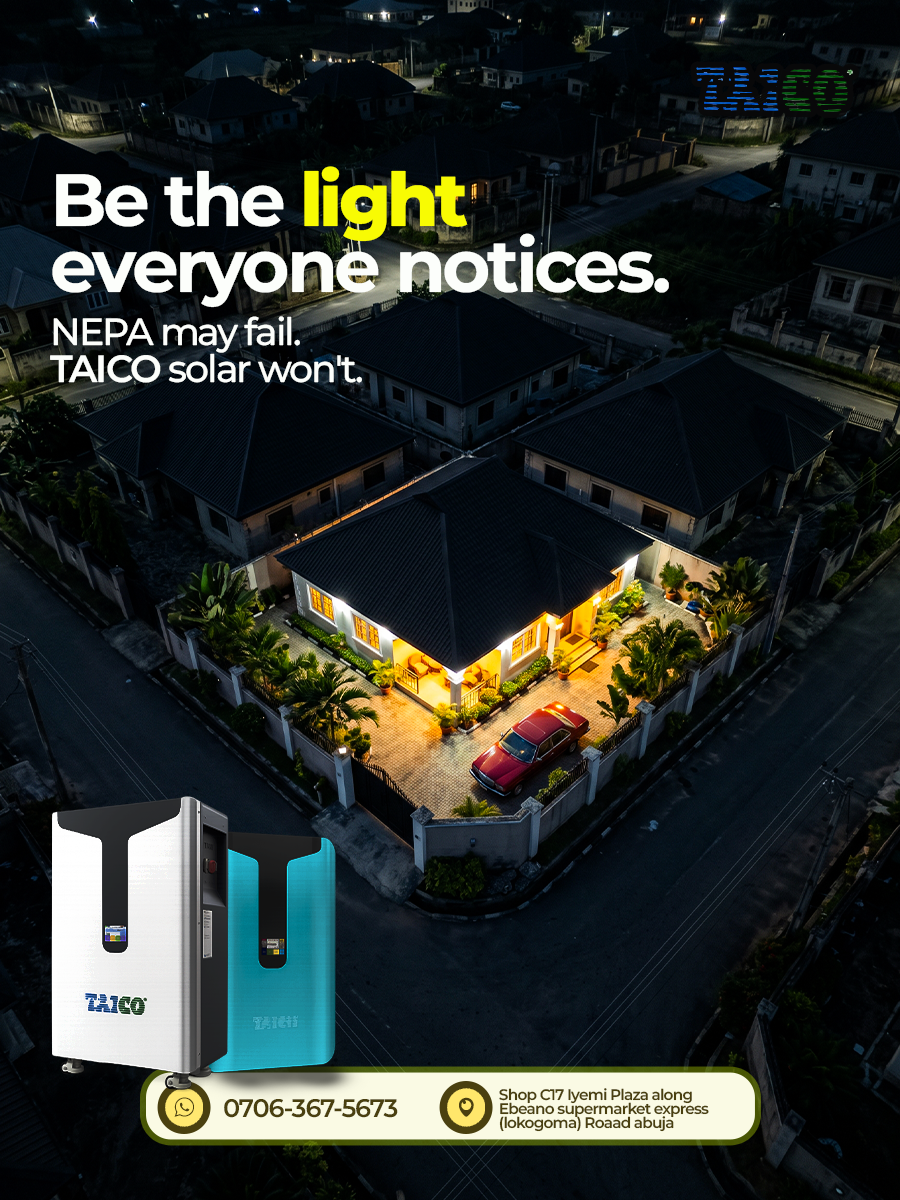 Instagram post: Aerial night view of a single lit house among dark homes, with solar battery units
