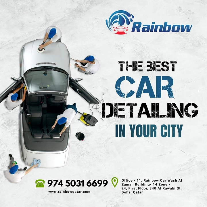 Car Wash & Detailing creative ad: Top-down pit-crew detailing team around car