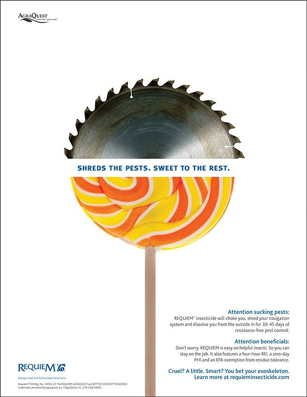Pest Control creative ad: Circular saw blade on top merging into a swirl lollipop below