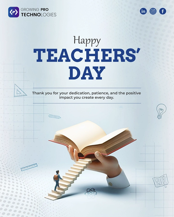 Teachers Day creative ad: Hand holding an open book with a staircase a student climbs