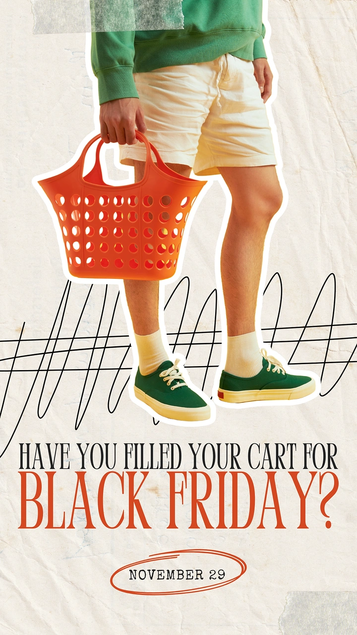 Black Friday creative ad: Cut-out legs holding an orange shopping basket