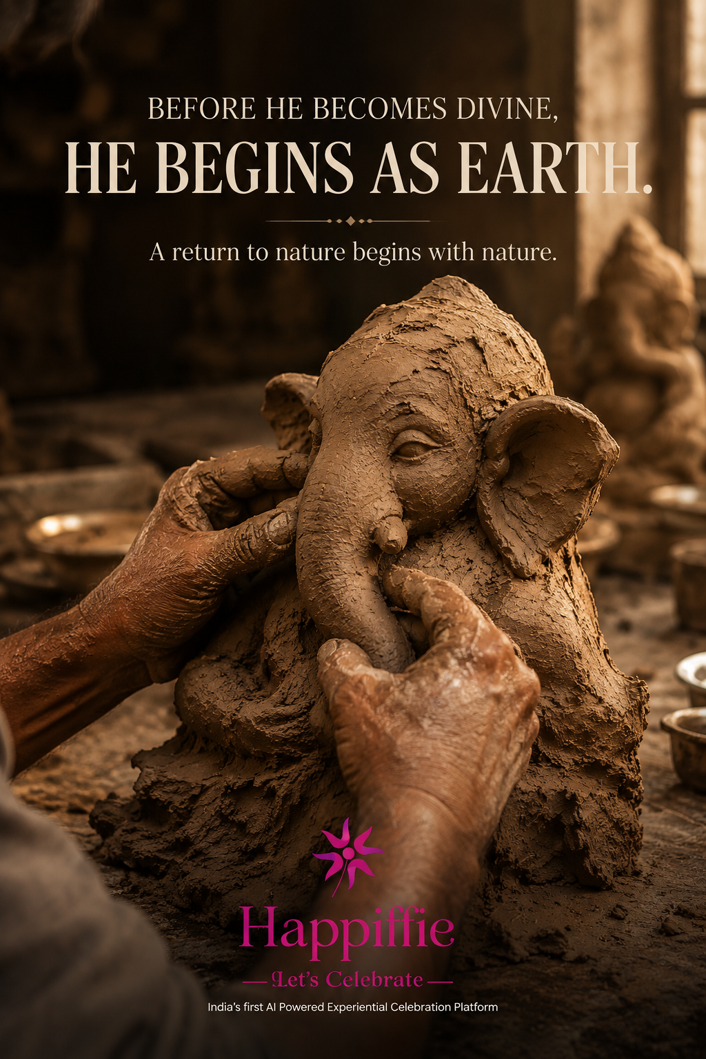 Ganesh Chaturthi Poster: Artisan's weathered hands shaping a raw clay Ganesha idol