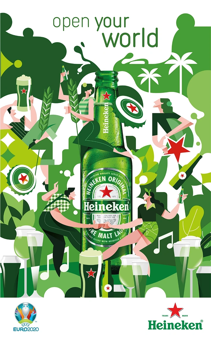 Creative ad: Photoreal green beer bottle surrounded by flat-illustrated dancing people