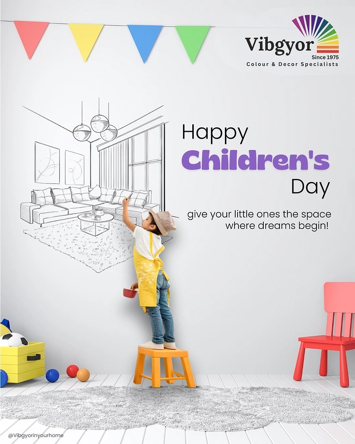 Children's Day creative ad: Child on a stool sketching a living room on a white wall