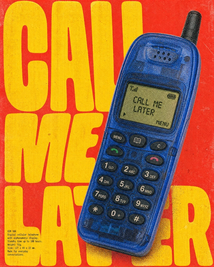 Telecom creative ad: Translucent blue 90s mobile phone over giant type